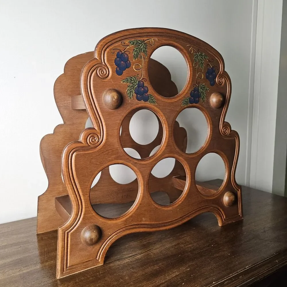 Vintage 1980s Wooden Wine Rack Hand Painted Grapes Holds 6 Bottles Rustic